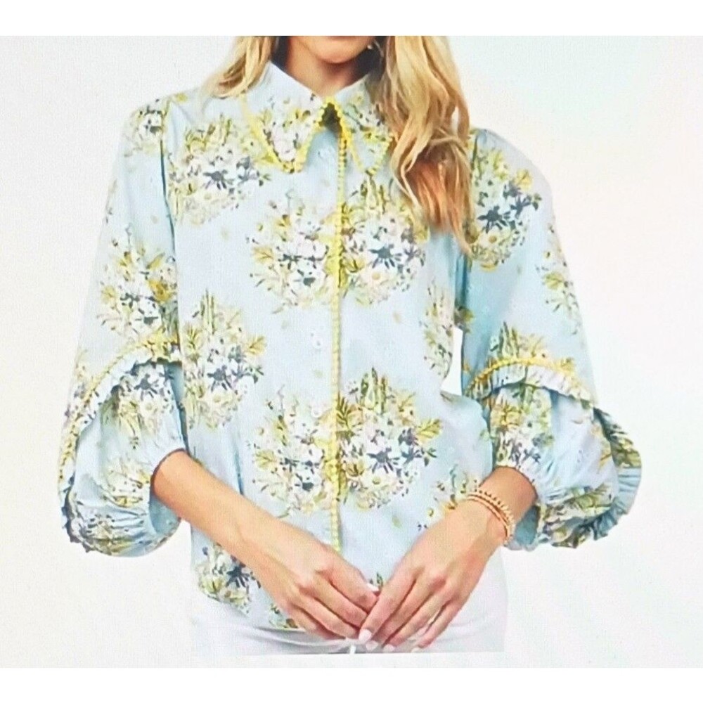 Ivy Jane Spring Bounty Collared Blouse Lt Blue Floral Yellow Trim XS Made in USA